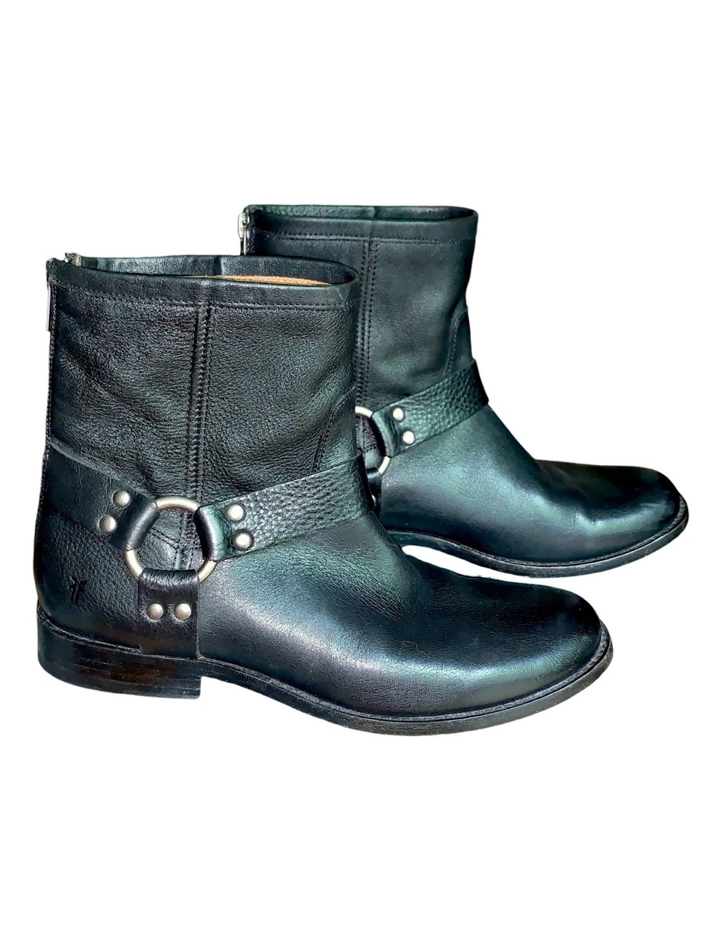FRYE Black Leather Phillip Harness Ankle Boots Portia Moto Boots